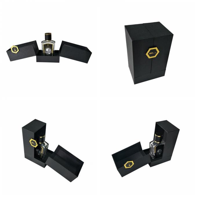 2 lados abrem as caixas Textured preto do papel de embrulho do perfume personalizadas com inserção de EVA